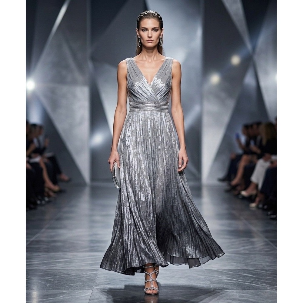 R&M Richards Silver Metallic Pleated Gown Beaded Empire Waist Formal Dress‎ 14